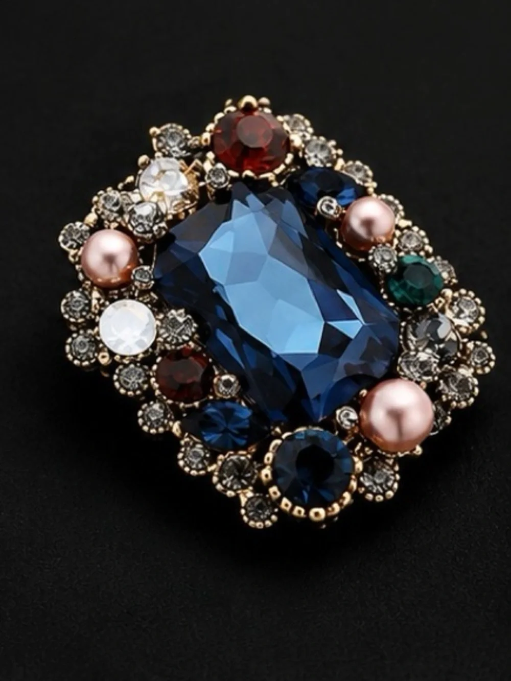 Vintage Navy Blue Crystal Brooch | Multicolor Rhinestone Statement Pin | Antique